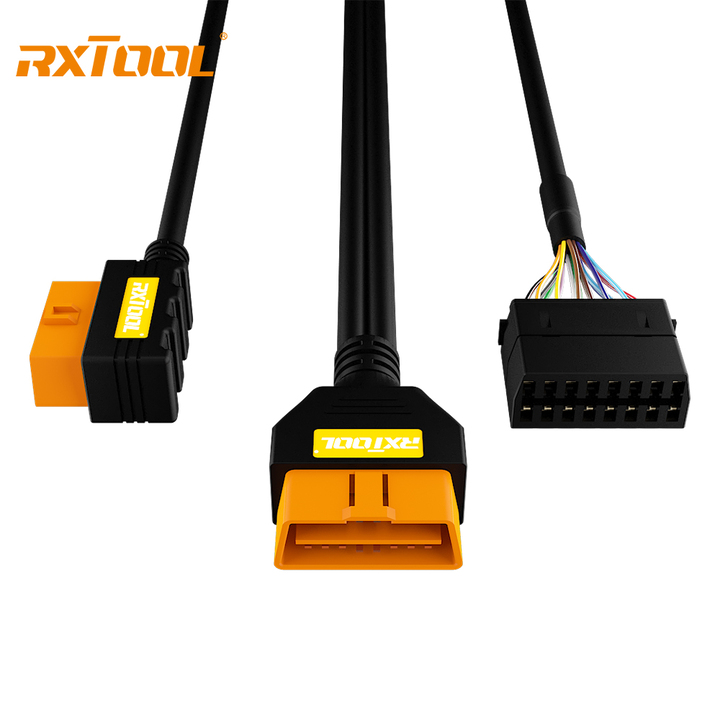 RXTOOL OBD2 16-pin 1-foot 24AWG splitter extension cable adapter with 1 male to 2 female connectors for multiple module interfaces.