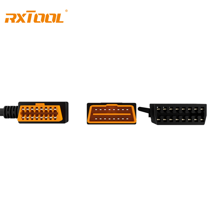 RXTOOL OBD2 16-pin 1-foot 24AWG splitter extension cable adapter with 1 male to 2 female connectors for multiple module interfaces.