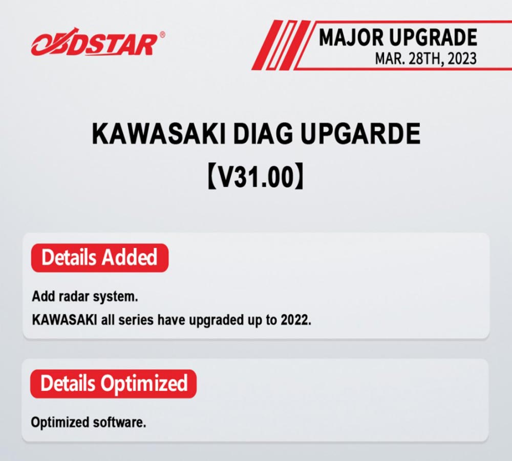 OBDSTAR MS70 KAWASAKI DIAG UPGRADE【V31.00】UPGRADE on Mar. 28th, 2023