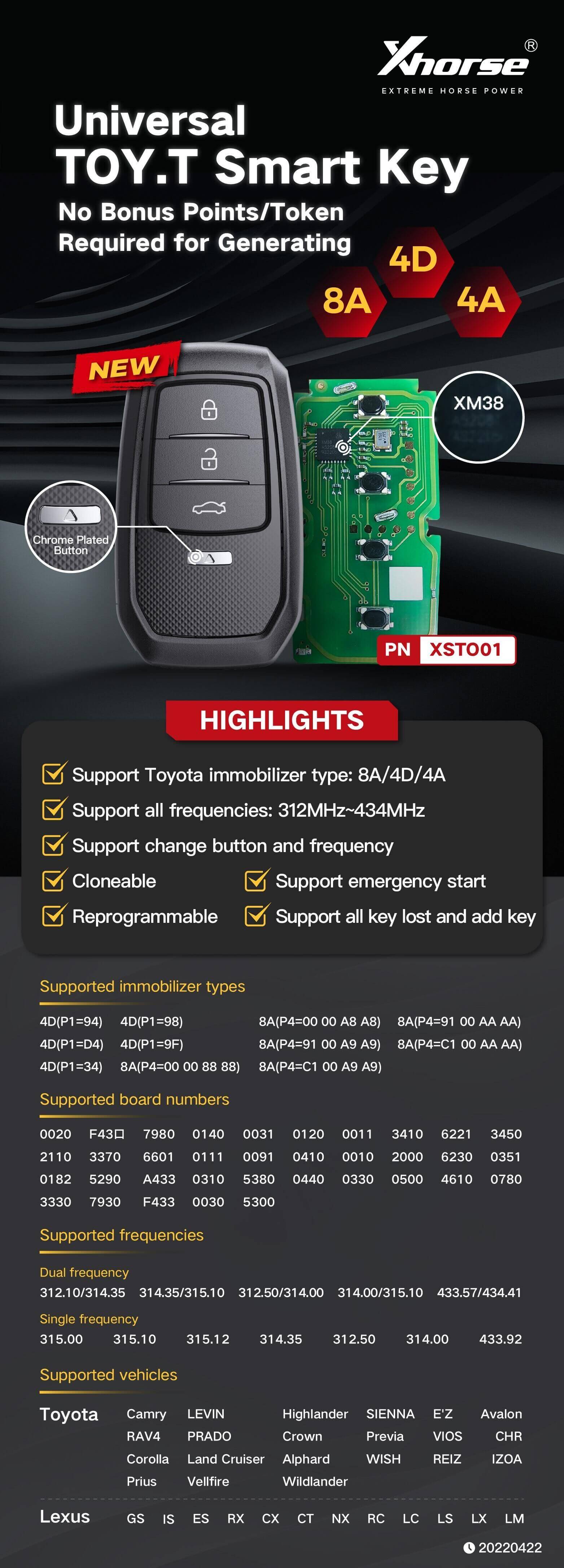Xhorse XSTO01EN TOY.T for Toyota XM38 Smart Key with Shell