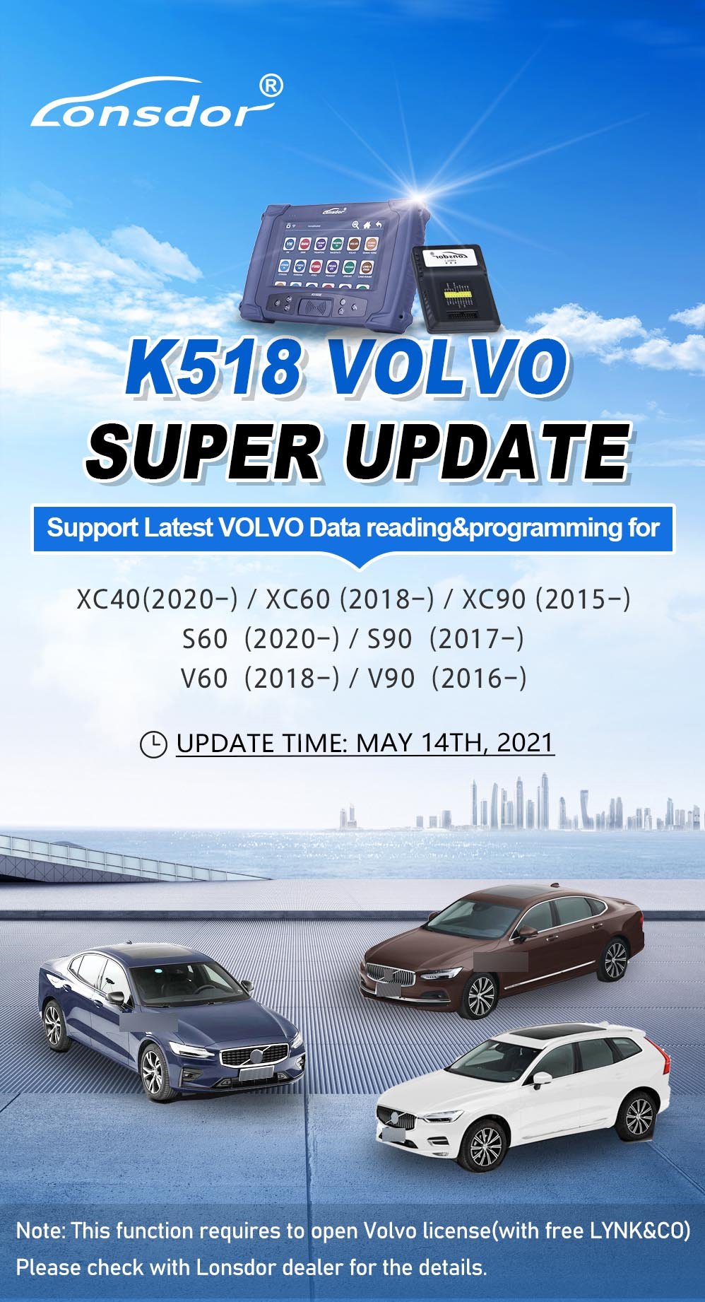 Lonsdor Volvo License for Latest XC40 XC60 XC90 S60 S90 V60 V90 Smart Key for K518ISE and K518S