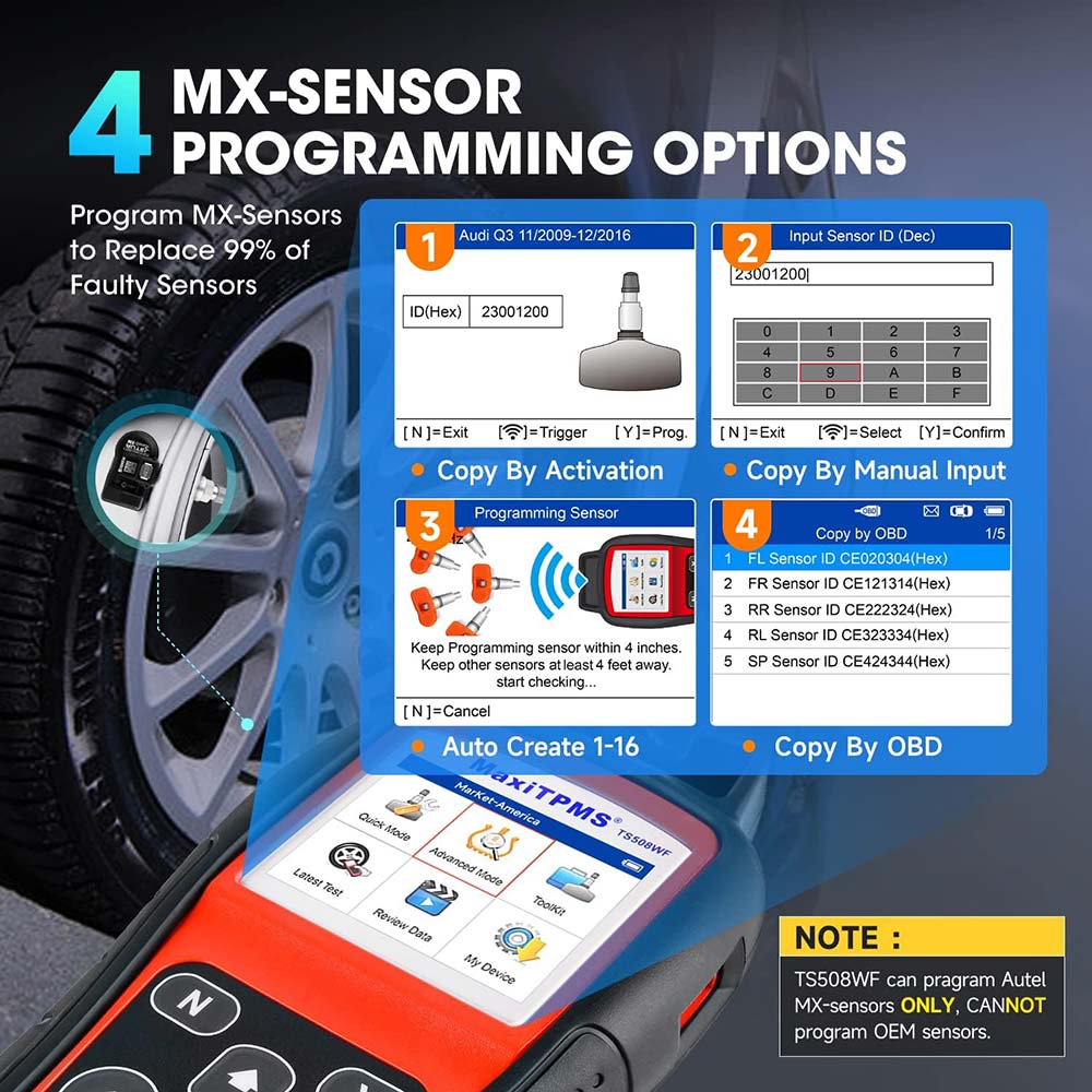 Autel MaxiTPMS TS508WF 4 ms-sensor programming options